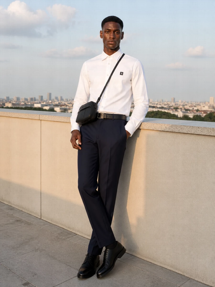 Boss white shirt navy trousers black derby shoes
