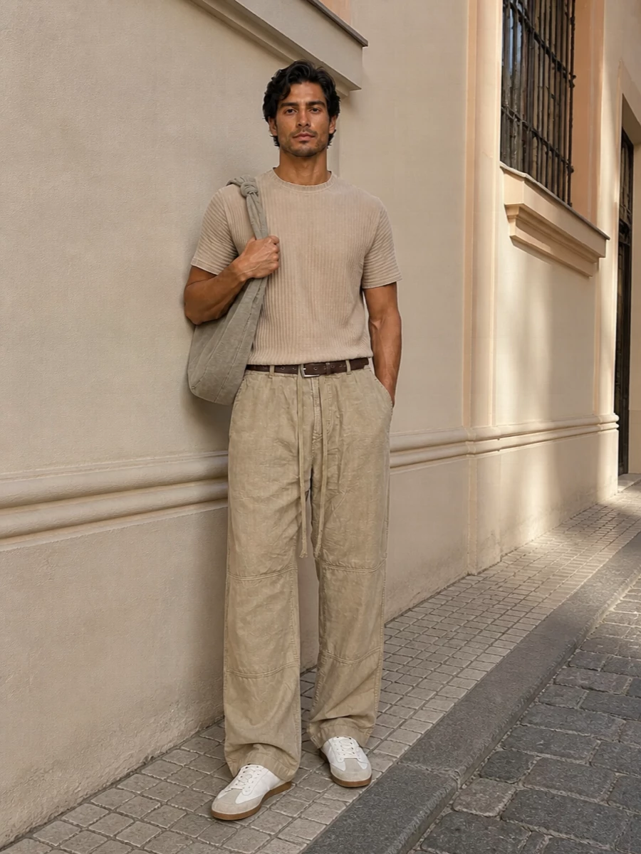 Soft sand tones run through the outfit, with the pleated tee and loose Haikure trouser creating a relaxed column of texture. Represent’s neutral trainers keep things grounded and agile, while the washed canvas hobo and subtle grommeted belt add a lived-in, utilitarian edge that still feels clean and modern for warm city days.