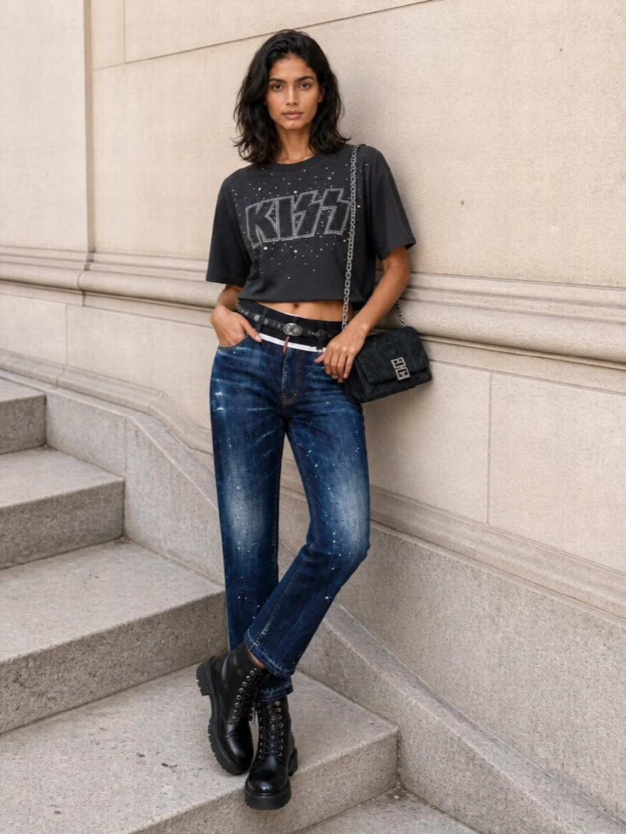 Straight-leg contrast-waist denim meets a cropped rhinestone band tee for a gritty, night-ready take on y2k streetwear. Chunky black lace-up boots and a dark-ink denim chain bag keep the palette tight, playing texture and hardware rather than color. A slim studded belt finishes the waist cleanly, letting the jeans stay the main statement without losing polish.