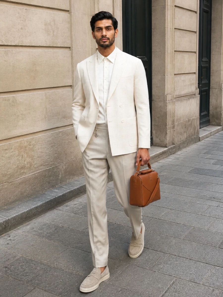 Prada cream blazer outfit beige trousers