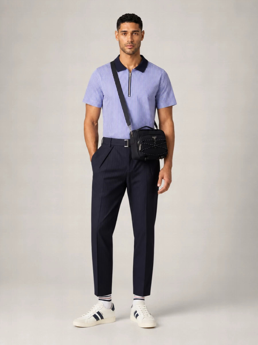 Sacai Striped Cotton Loose Fit Short Sleeve Polo Shirt