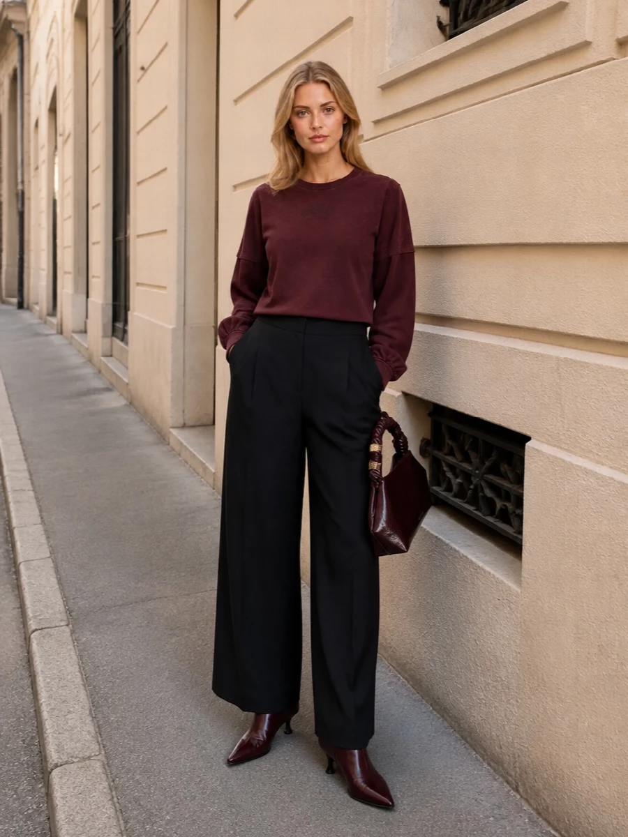 Ganni burgundy top black wide leg trousers outfit