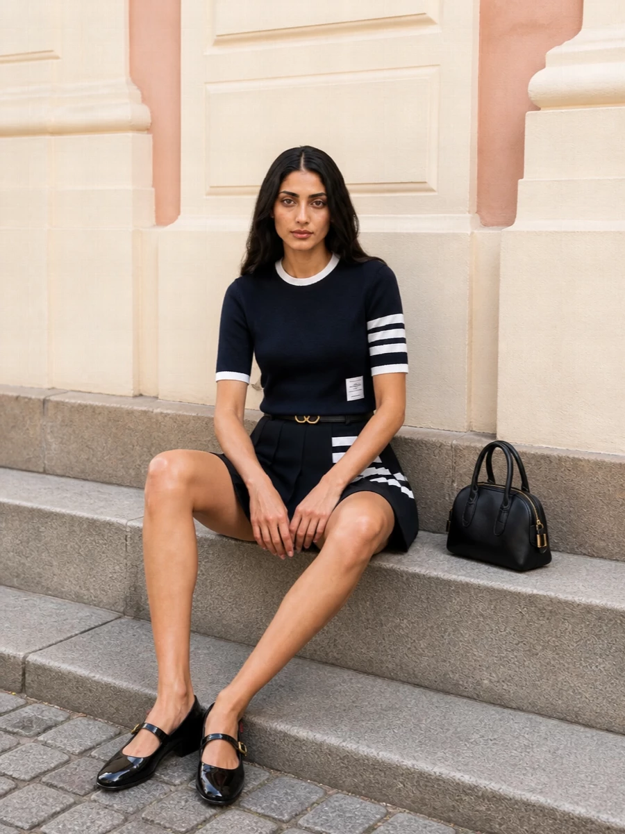 Thom browne pleated mini skirt mary janes outfit