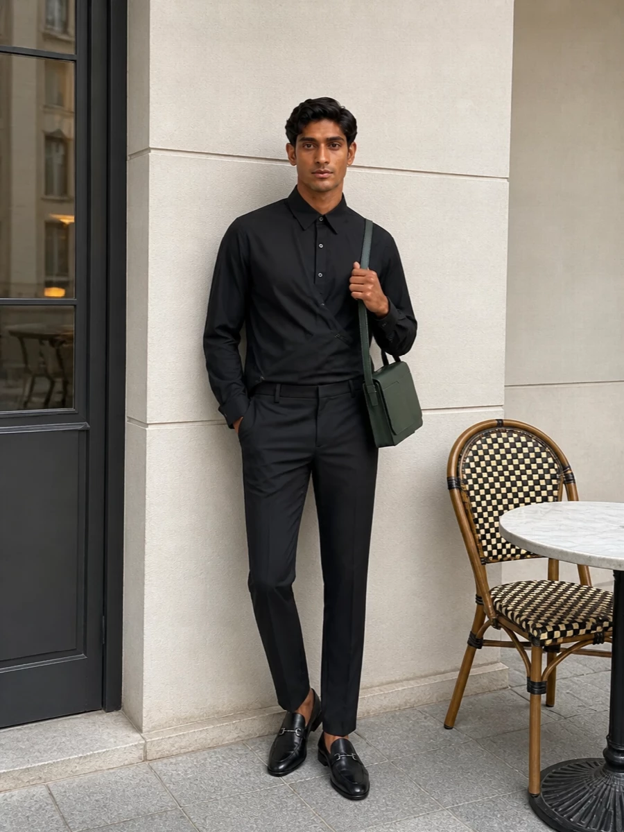 A razor-clean black base lets cut and detail do the talking: the asymmetric shirt and precise trousers echo the sleek line of the Gucci horsebit loafers. The result is a quietly assertive evening outfit, formal enough for dinners or art openings but still modern and unfussy. The structured forest green crossbody adds just a trace of color without breaking the minimalist mood.