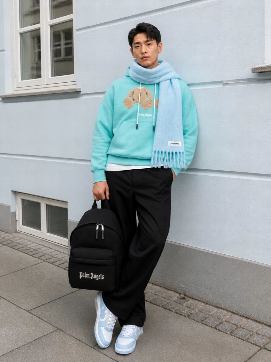 Ice blue and inky black do the talking here, with a plush graphic hoodie grounded by loose, clean Palm Angels trousers for a straight-up LA skate energy. Powder blue Off-White sneakers echo the top without feeling matchy, and the Palm Angels backpack plus whisper-soft scarf keep the branding tight and the palette cool for city days and late-night runs alike.