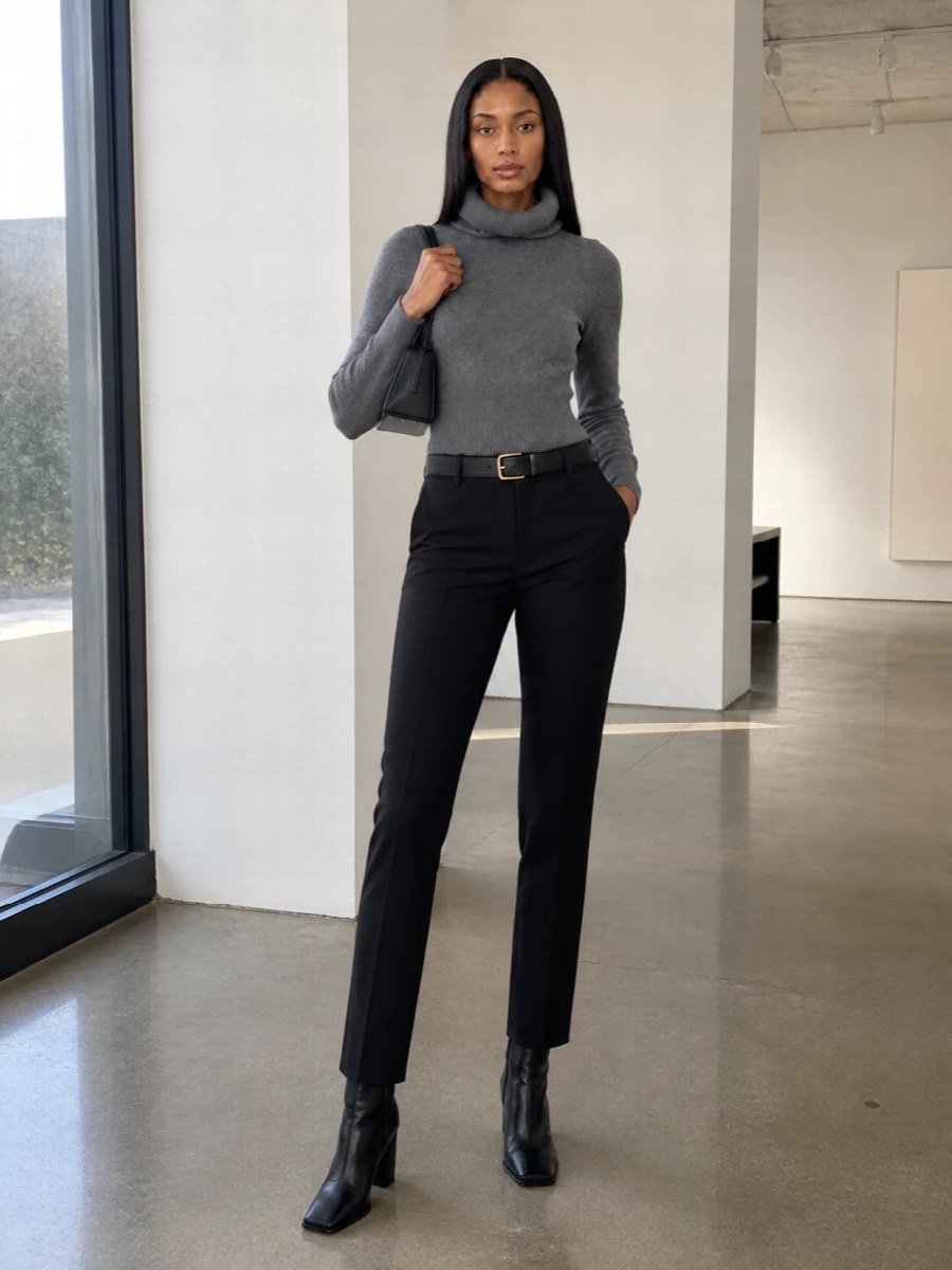 Alaia charcoal trousers grey turtleneck outfit