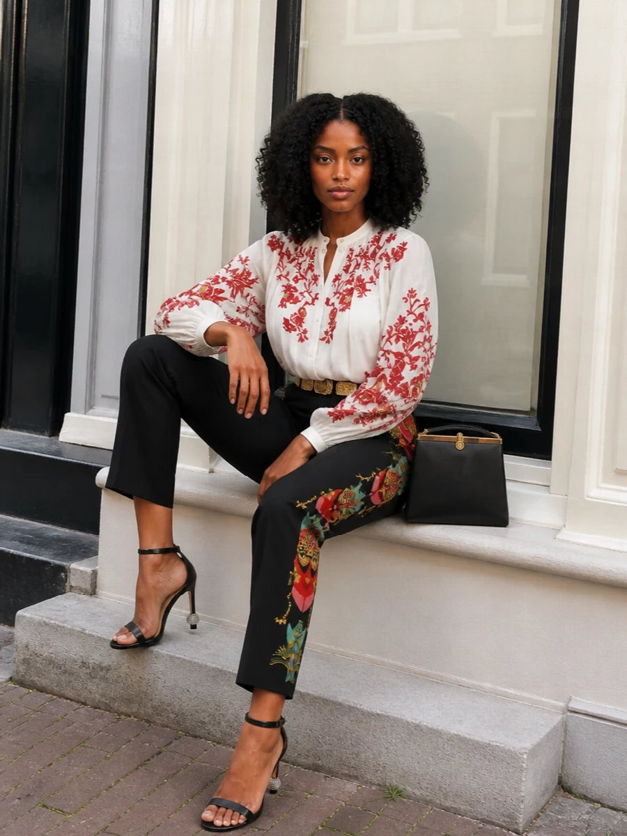 Etro printed trousers ivory blouse outfit