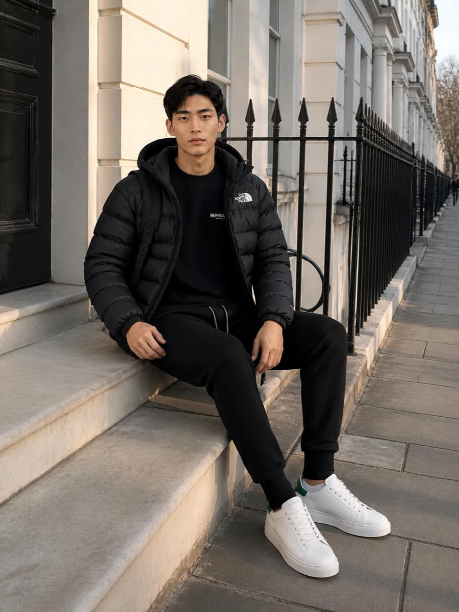 North face puffer black joggers white sneakers