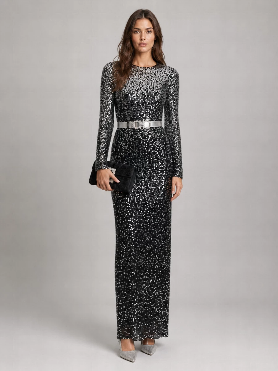 Paco Rabanne Sequined Long-Sleeve Open-Back Gown