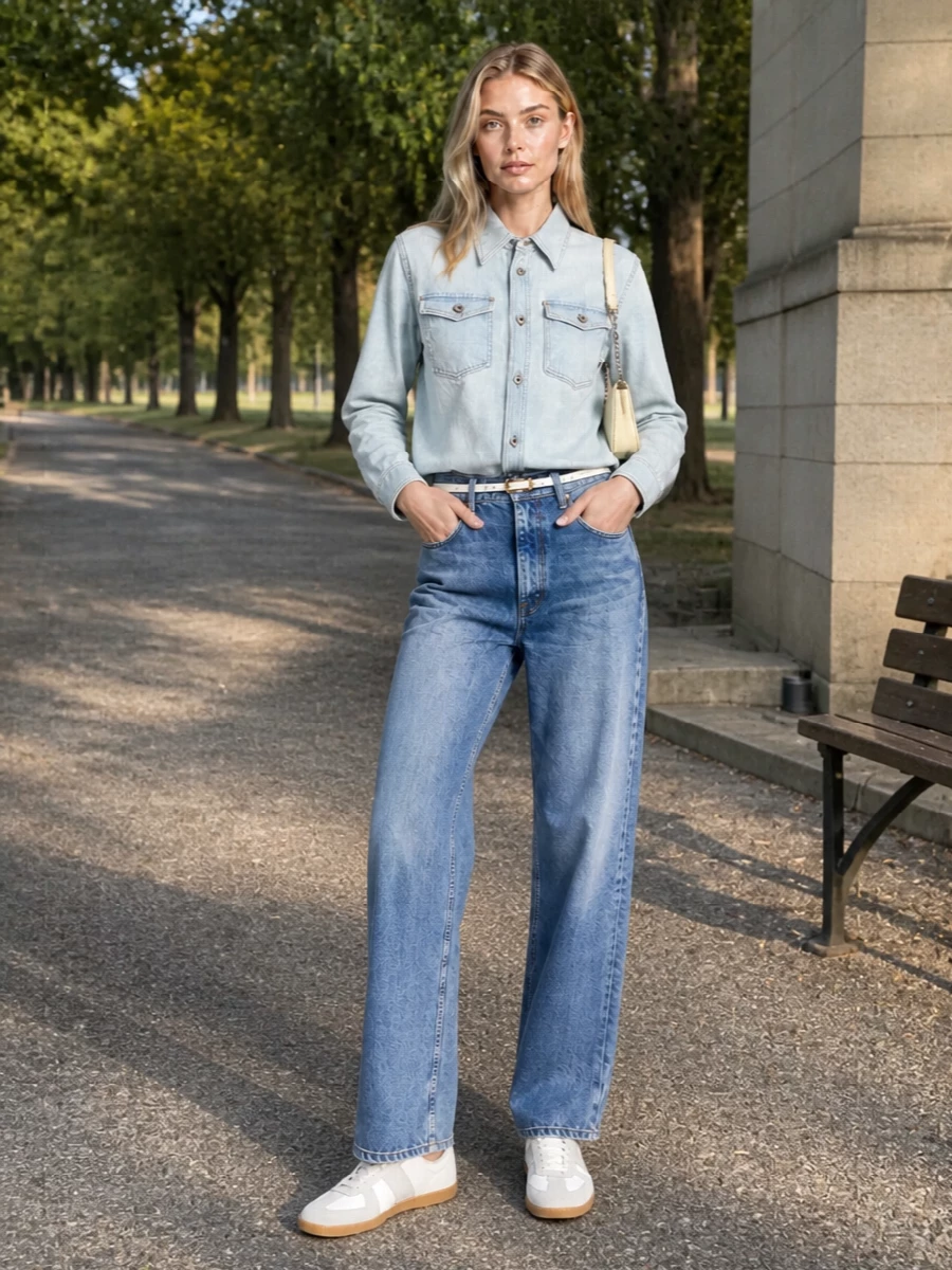 Bottega denim shirt wide leg jeans outfit
