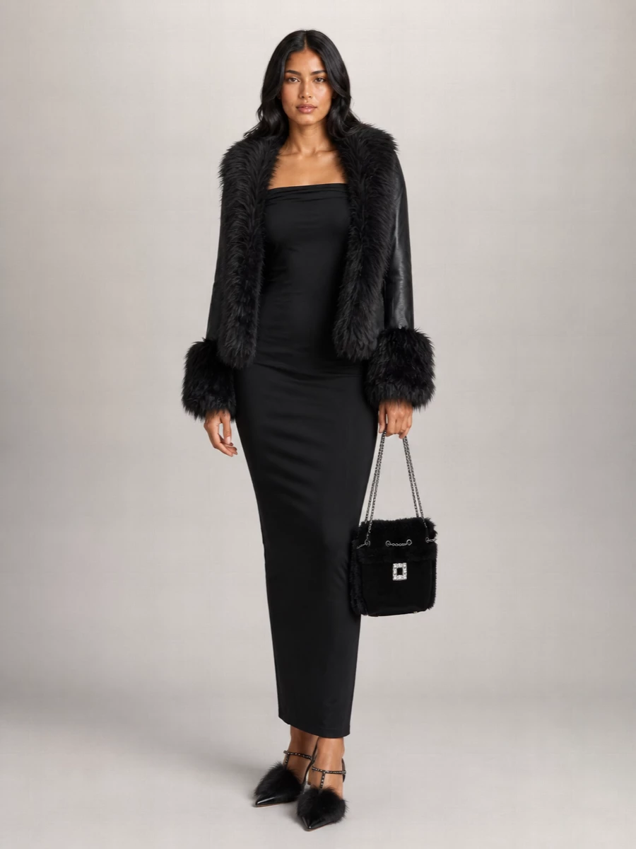 The Andamane Faux Fur Trim Leather-Effect Fitted Jacket