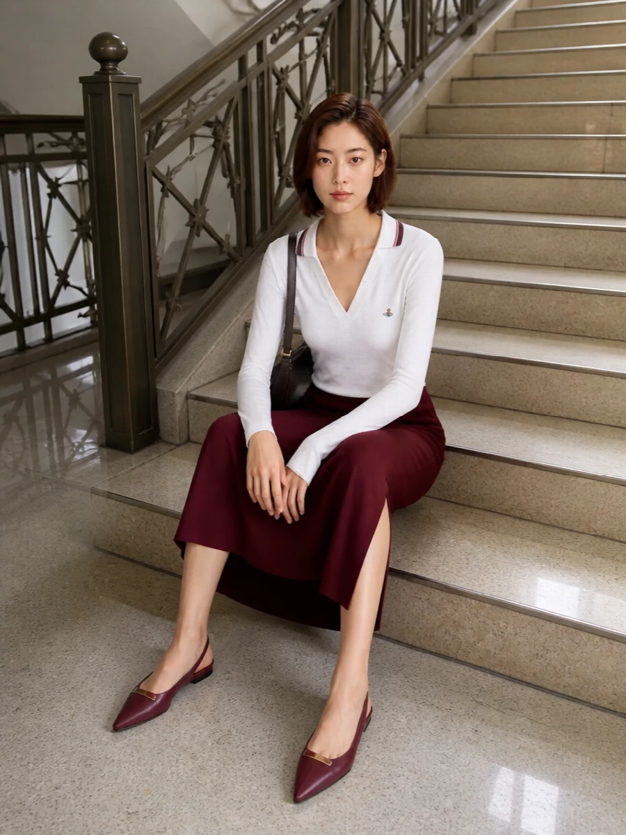 A sharp white polo meets a clean burgundy midi for a slim, collegiate line that feels considered but easy. Wine slingback flats keep it low-key and leg-lengthening, while the dark chocolate crescent bag quietly anchors the colour story. The result is a minimal, preppy outfit you can wear from coffee catch-ups to casual dinners without changing a thing.