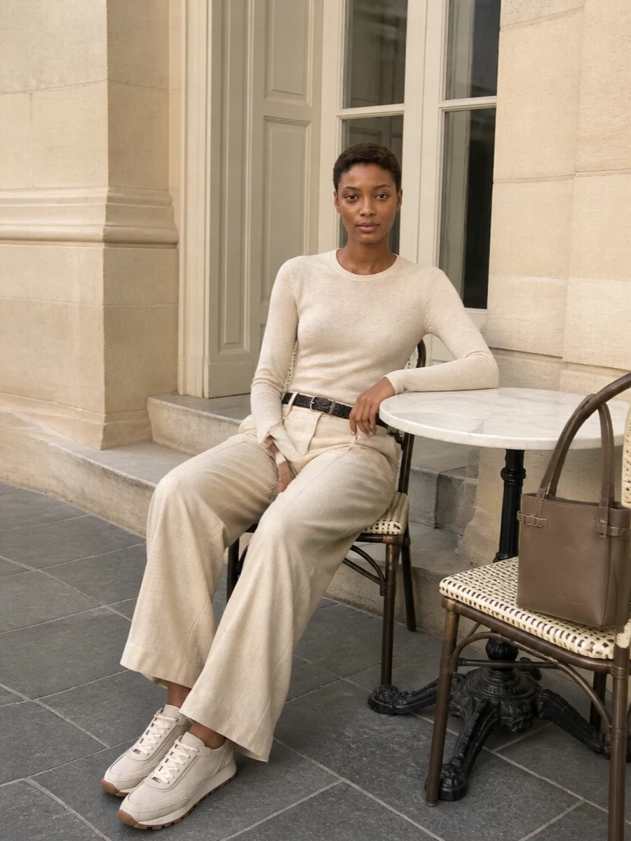 Brunello cucinelli beige sweater wide leg trousers