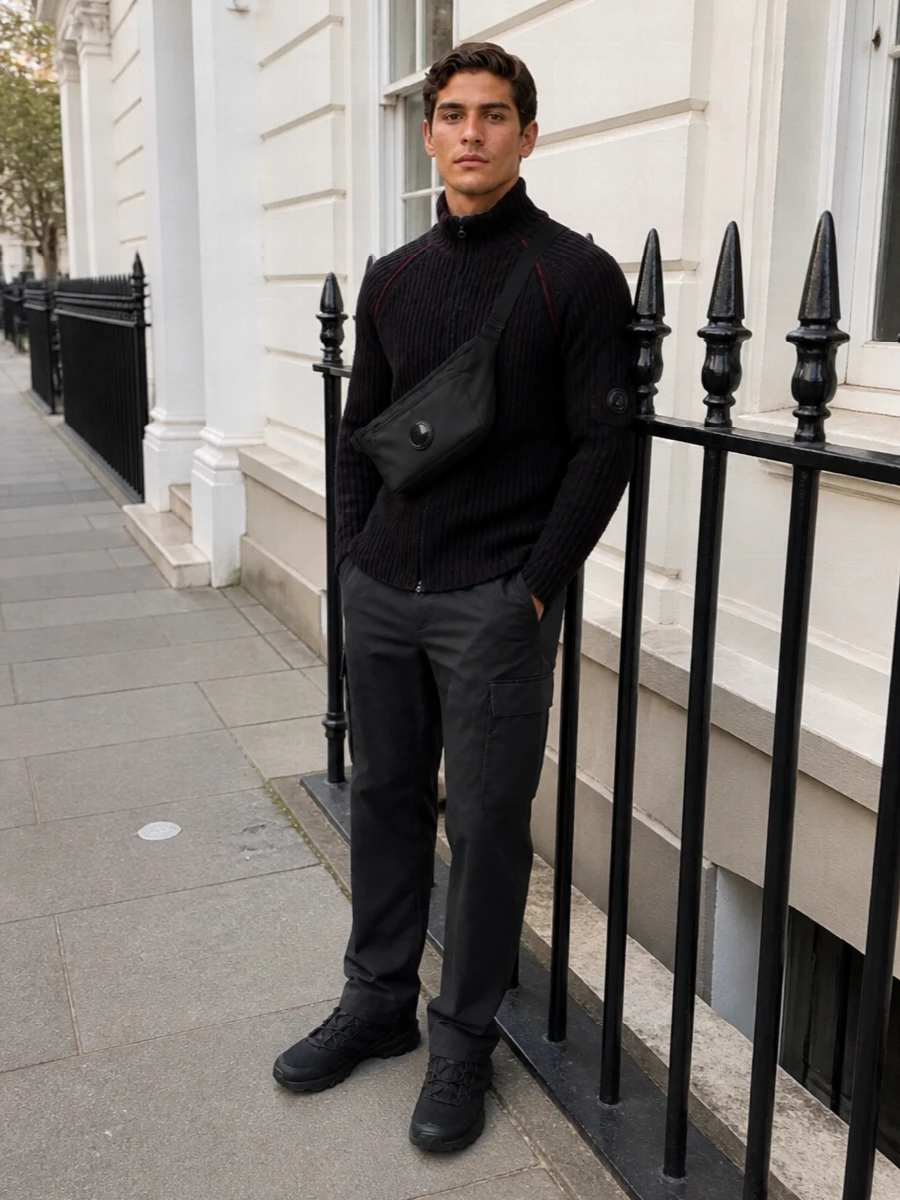 Charcoal and black dominate this C.P. Company-heavy setup, with subtle burgundy ribs adding depth rather than drama. Straight-leg cargos and a low-profile technical sneaker keep the proportions clean and agile, while a compact crossbody and the lens details quietly underline the urban utility story from head to toe.