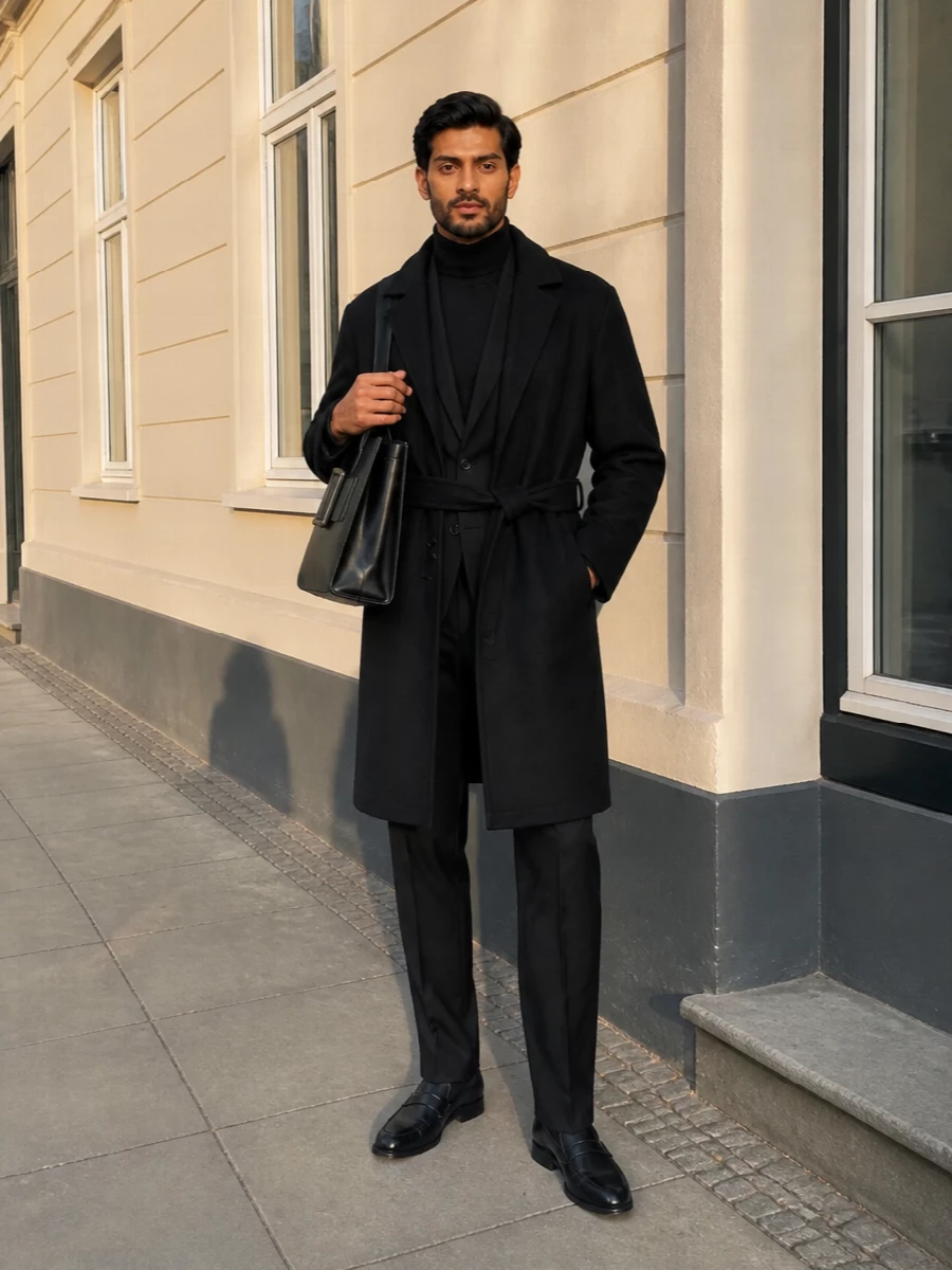 Tagliatore black coat tailored trousers loafers