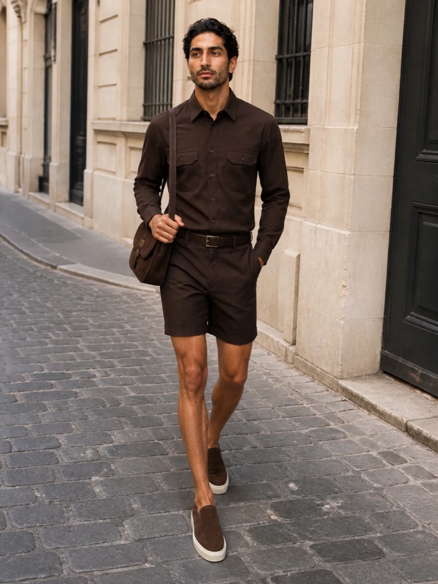 This is a tightly edited, tonal chocolate look that feels luxurious yet relaxed: a structured utility shirt paired with sharp tailored shorts for a modern, city-ready summer silhouette. Slip-on suede sneakers keep things easy but considered, while the matching brown belt and suede shoulder bag add depth and texture without disturbing the quiet, monochrome palette. The result is elevated off-duty dressing that reads confident, precise and understatedly rich.