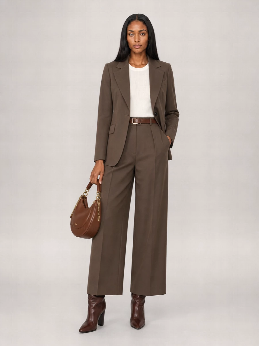 Chloé’s chocolate tailoring is the anchor here, with the high-waisted wide-leg trouser and matching blazer reading as a calm, confident suit in rich autumnal brown. Deep chocolate boots and a sculpted chestnut bag keep the palette close and considered, adding just enough texture and shape to feel modern without noise. A slim brown belt finishes the waist, sharpening the long, fluid proportions for boardroom days that can carry into dinner.