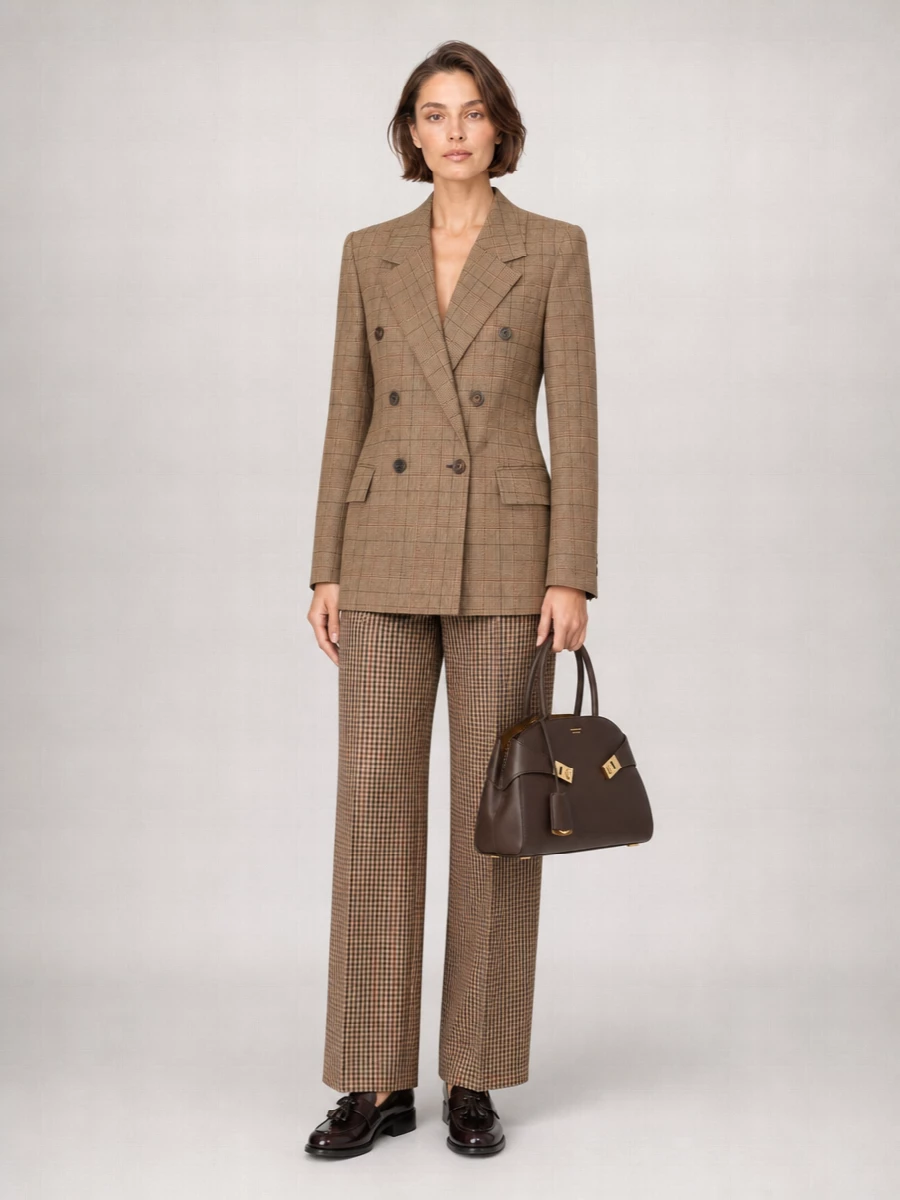 Chloé’s checked blazer pairs with the Dries Van Noten wide-leg check trouser for a rich, menswear-inspired take on tailoring that still feels warm and feminine. The wide leg and high rise balance the blazer’s strong shoulder, while Church’s tassel loafers and a structured Ferragamo top-handle keep the mood preppy, sharp and ready for desk-to-dinner city days. Think subtle pattern play within a tight camel and chocolate spectrum for quietly confident impact.