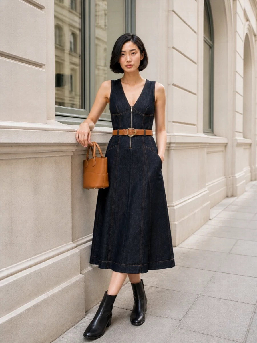A dark indigo denim midi is cinched cleanly at the waist with a tan belt, then grounded by sharp black ankle boots. The structured tan mini bag picks up the topstitching tones, adding a polished counterpoint to the utility lines for city days that stretch into late drinks.