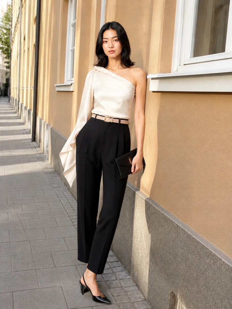 Loulou studio satin top black tailored trousers