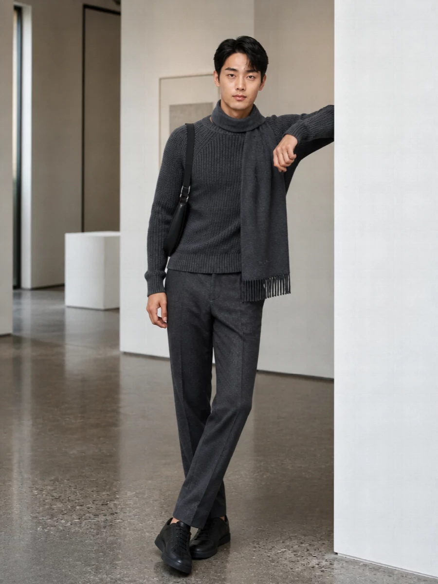 Charcoal on charcoal keeps the focus on texture here, with the ribbed knit sitting cleanly over precise wool trousers for a calm, intelligent profile. Tonal black sneakers and a slim leather shoulder bag keep everything practical yet polished, while the soft scarf adds just enough depth for cold city days without breaking the minimal rhythm.