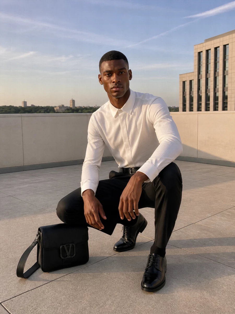 Valentino black trousers off white shirt derbys