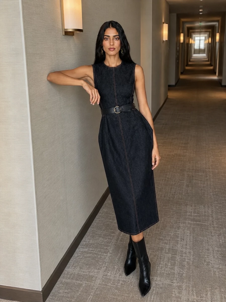 Jacquemus denim midi dress black boots belt