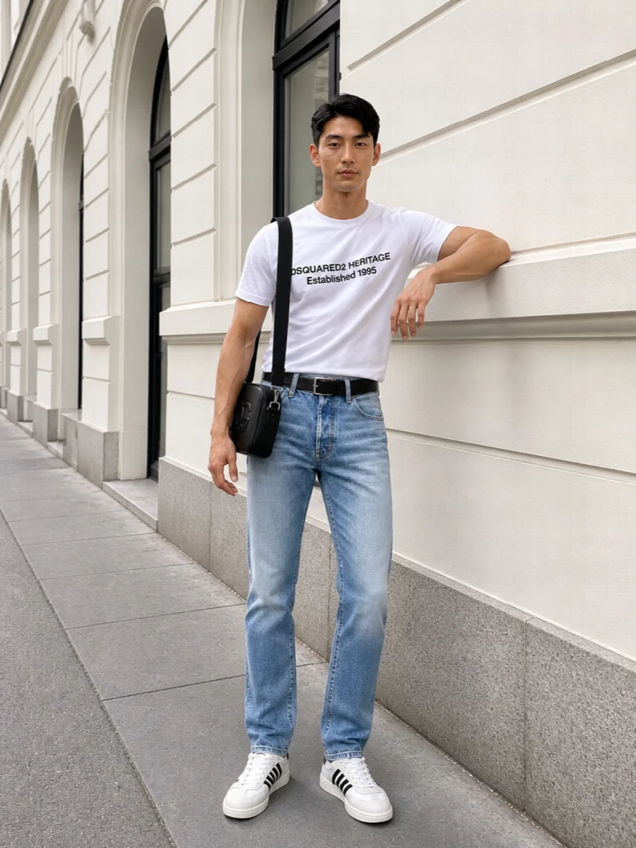 Dsquared2 white logo tee light wash jeans outfit
