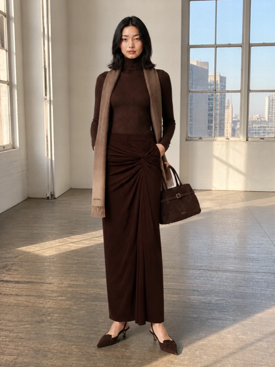 Andamane brown ruched maxi skirt outfit