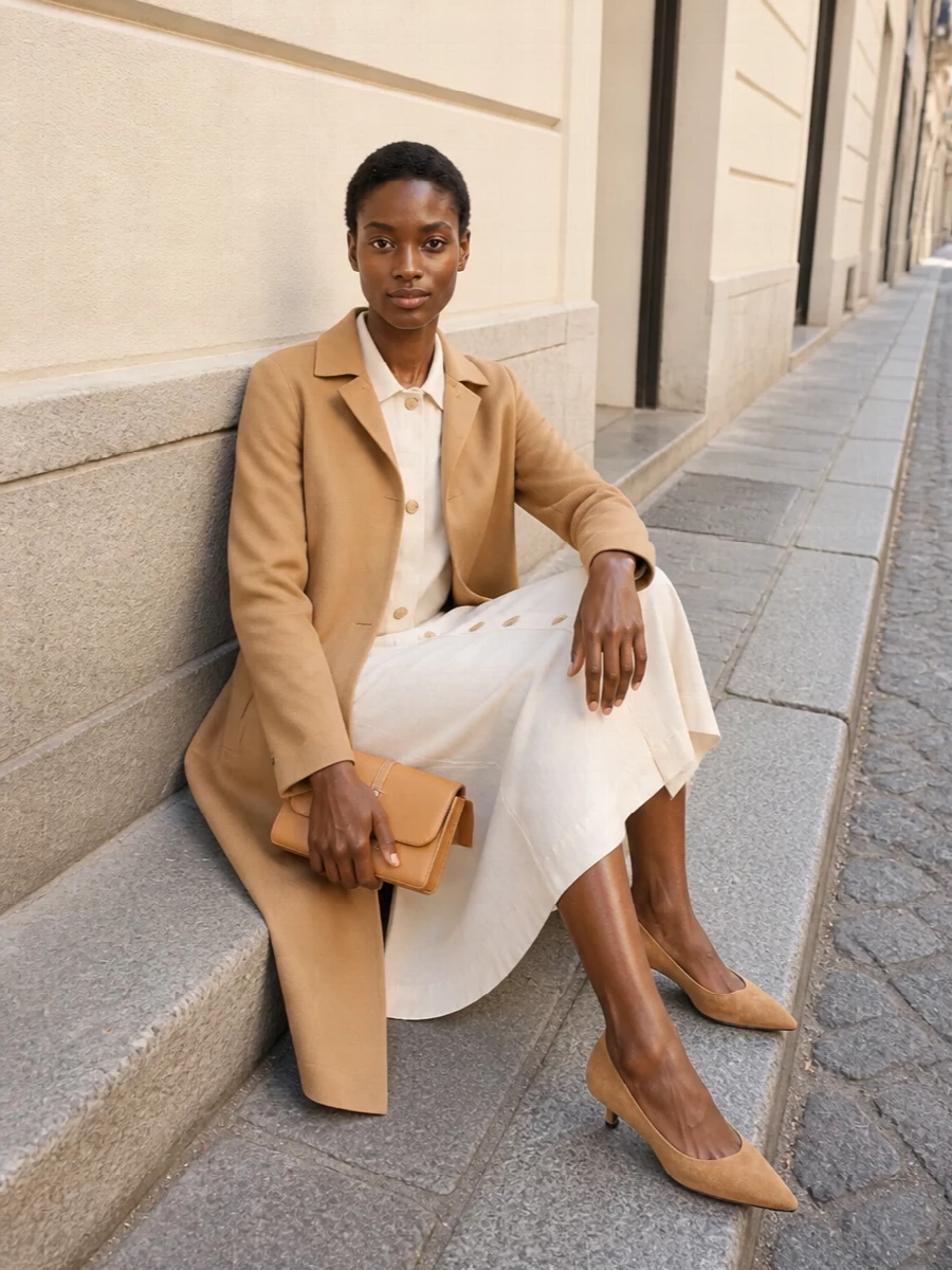 Max mara beige shirt dress camel coat outfit