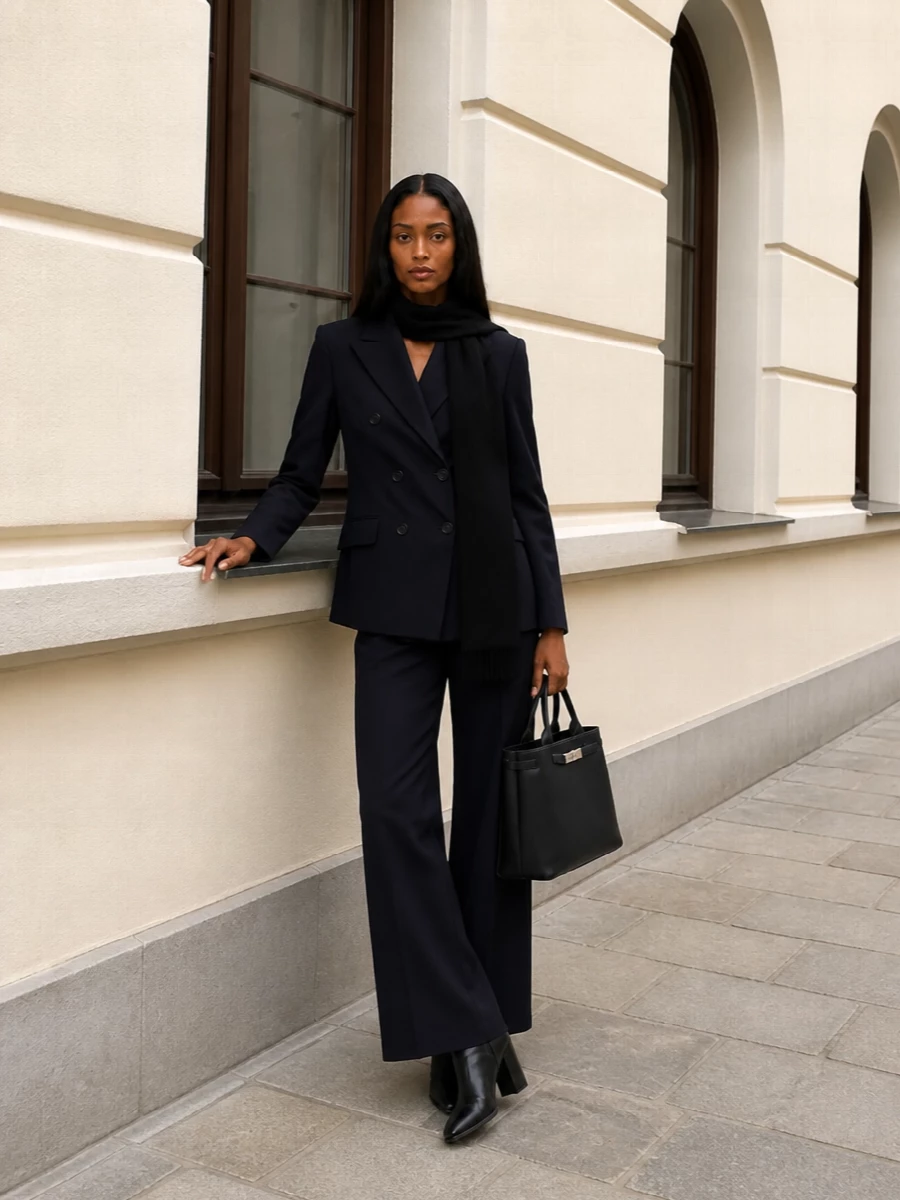 Parosh navy blazer wide leg trousers outfit