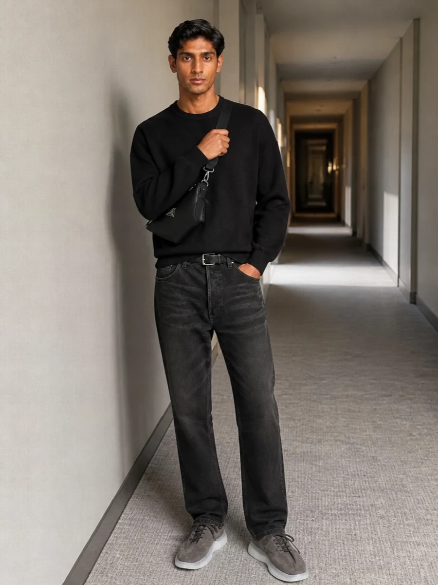 Washed black Fear Of God trousers and the matching black knit create a low-contrast column that feels calm yet intentional. Sculpted charcoal runners keep the mood relaxed but sharp, while the black Prada crossbody and slim Givenchy belt add precise, functional structure. It is an easy uniform for city days when you want streetwear proportions with a quietly serious finish.