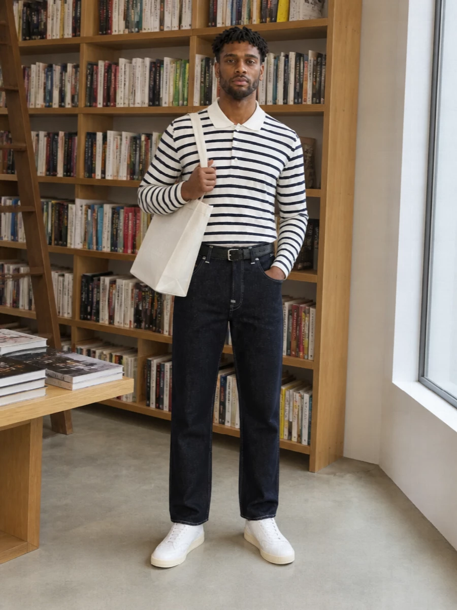 Breton stripes meet clean raw denim for a quietly graphic take on off duty prep. A crisp court-inspired sneaker and structured off white tote keep the mood polished but easy. The navy belt threads everything together without fighting the minimal lines.