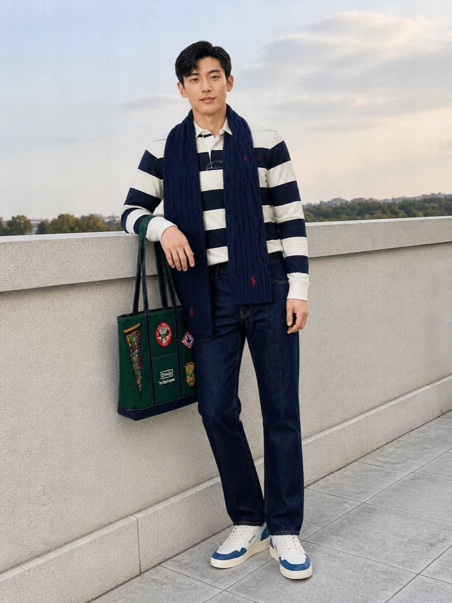 A classic striped rugby pairs with dark indigo denim for that clean, collegiate off-duty uniform. Retro navy-and-cream court sneakers keep it sporty yet considered, while the heritage tote and cable scarf add subtle club-room character and cold-weather function.