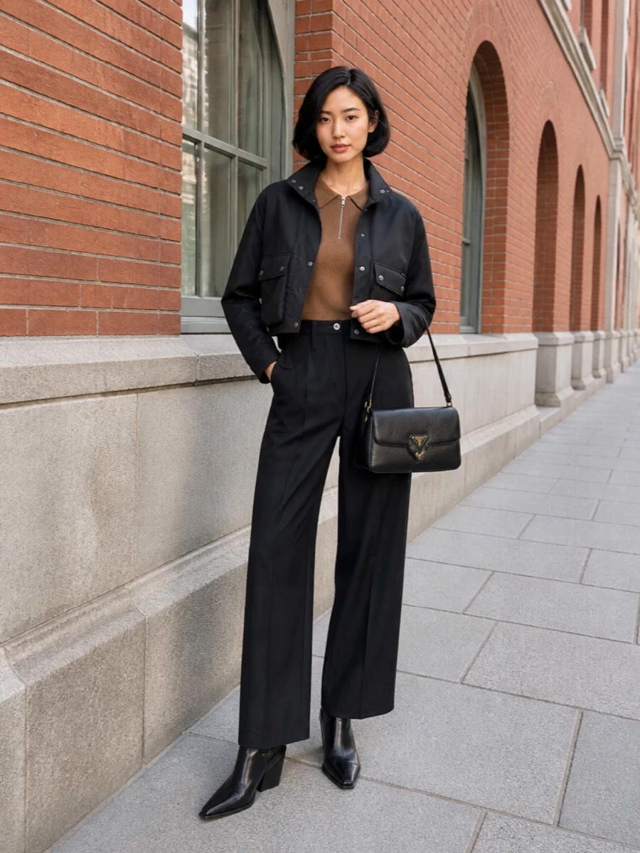 Prada cropped jacket wide leg trousers outfit