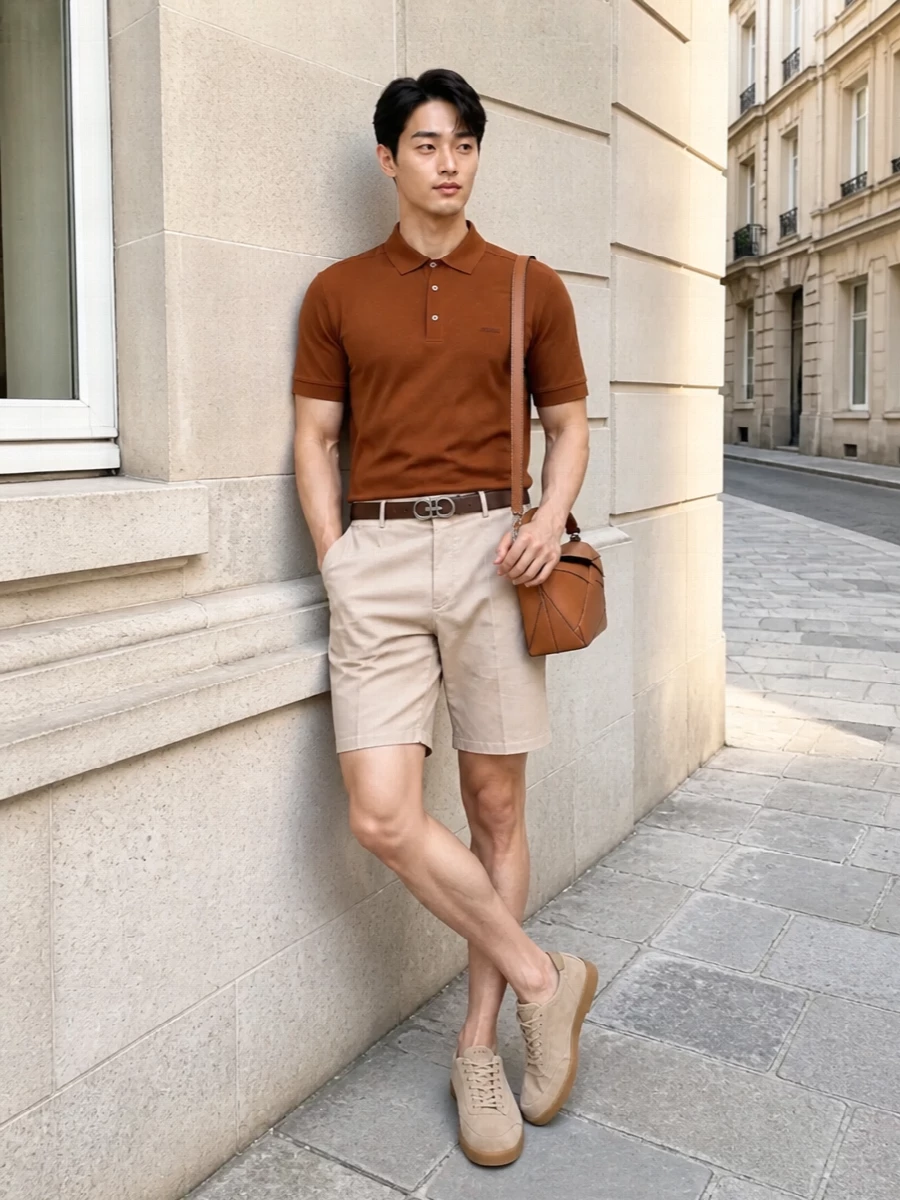 A burnt-sienna Zegna polo sits against light beige tailored chino shorts for a warm, sunlit take on minimalist summer dressing. Sand suede sneakers keep the palette soft and tonal, while the tan-cognac Loewe bag and discreet leather belt add just enough structure and texture to feel considered without disturbing the ease of the look.
