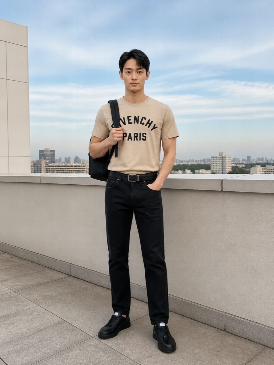 Givenchy varsity tshirt black trousers outfit