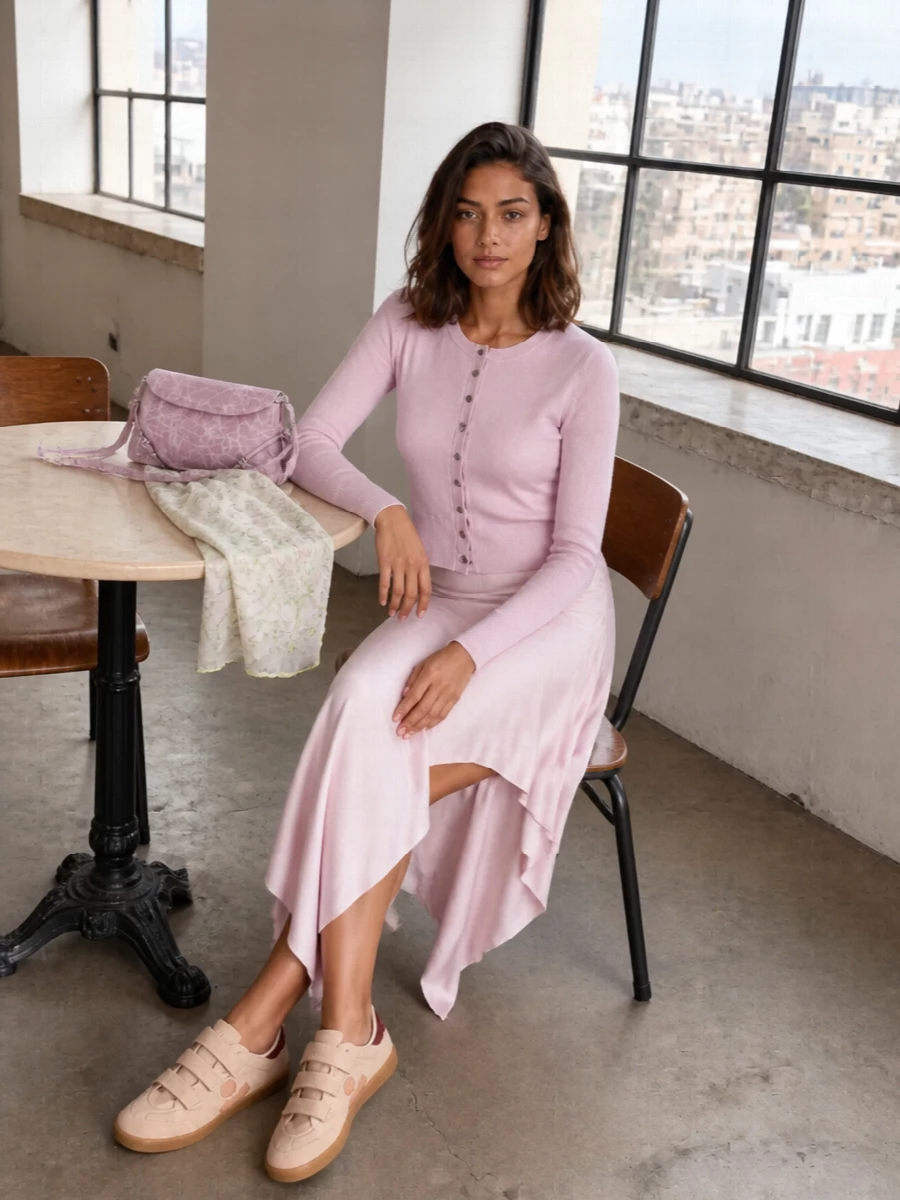 Isabel marant pink cardigan blush midi skirt outfit