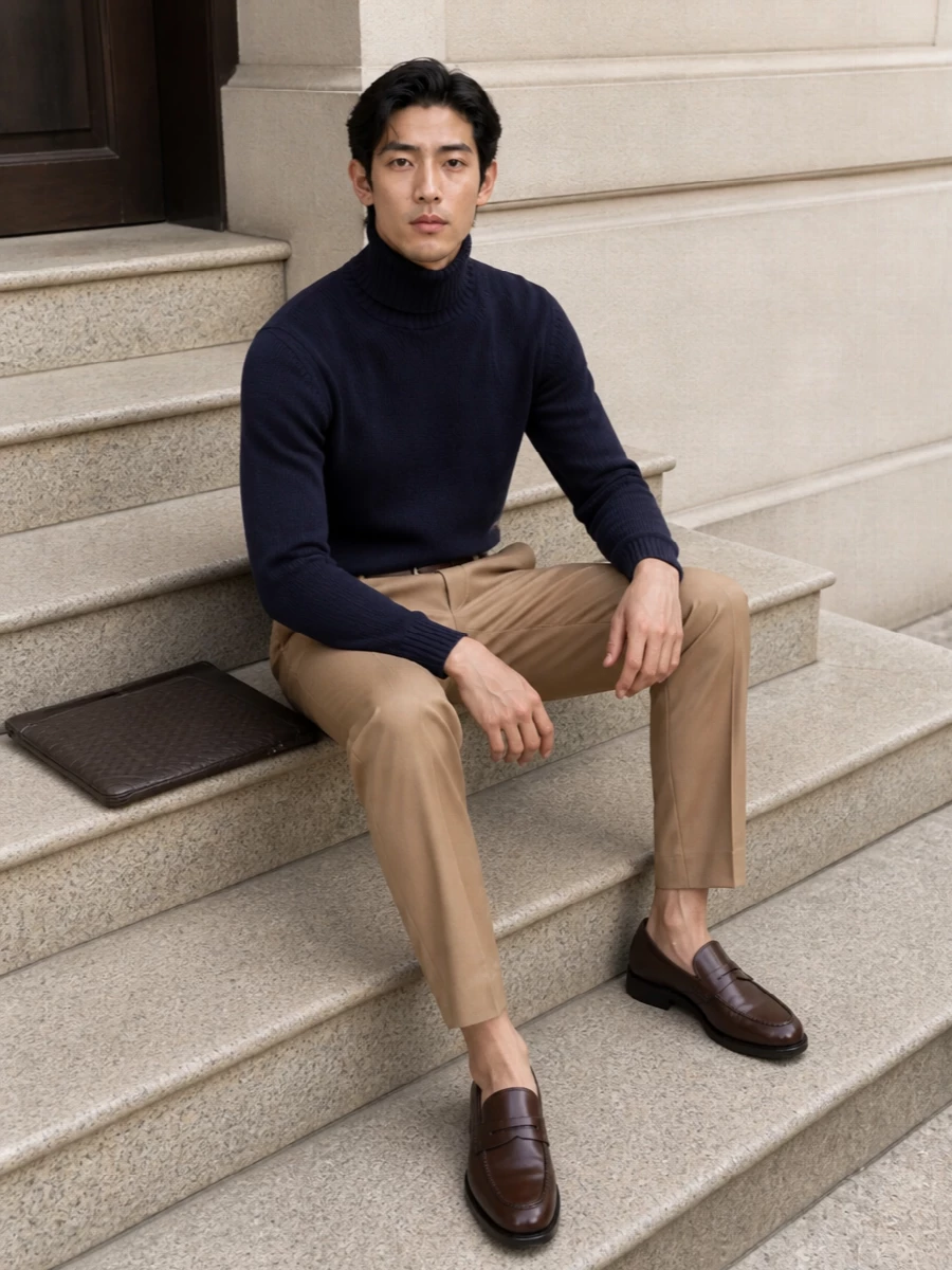 Dondup camel trousers navy turtleneck loafers