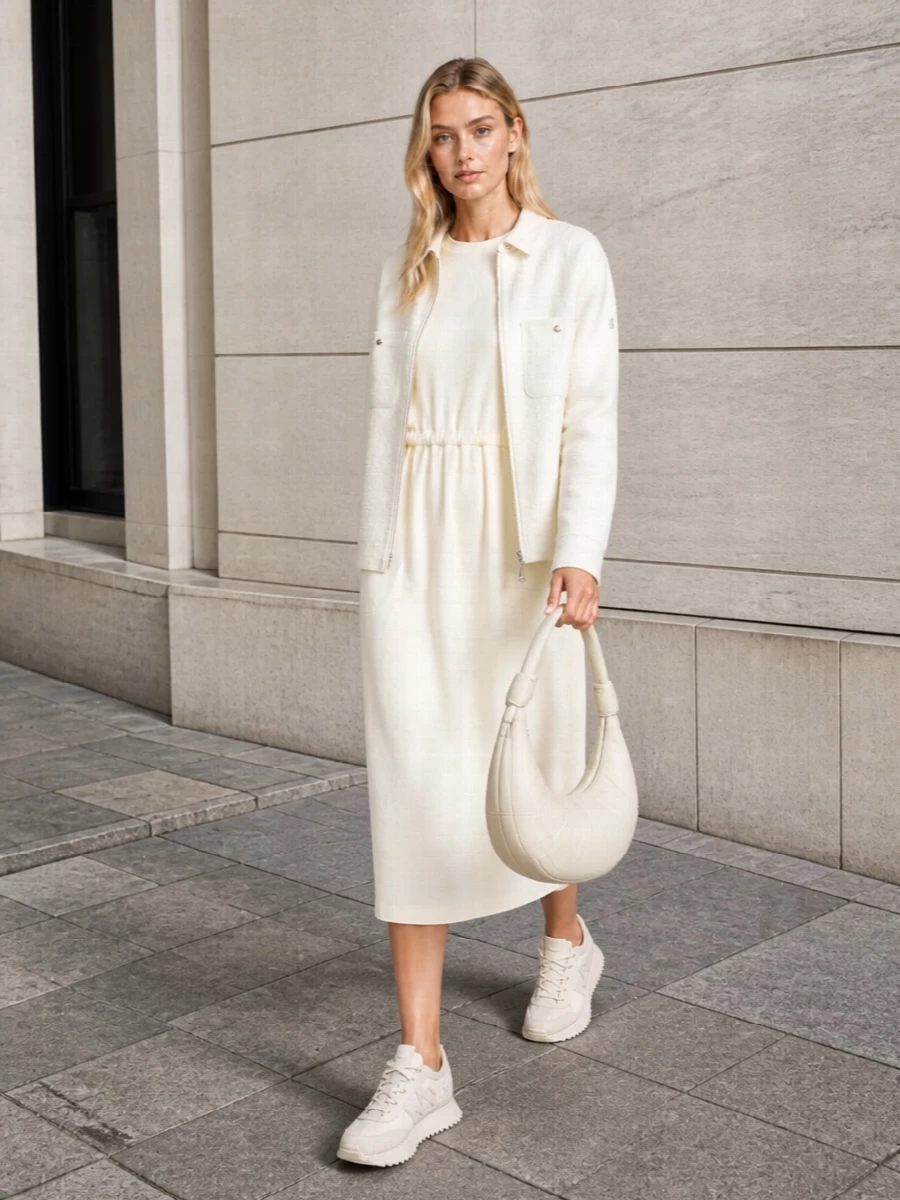 This look is built around a tonal story of soft ivories and light textures: the Moncler shirt jacket sits over the relaxed drawstring midi dress for a quietly luxurious, SS-ready column that feels polished but effortless. Creamy monochrome runners keep the silhouette modern and practical, while the sculpted ivory hobo bag adds a subtle architectural note, completing a refined off-duty city or travel uniform that feels considered yet easy. I chose the dress route over separates to preserve a clean, uninterrupted line under the jacket and keep the outfit’s minimalism and quiet-luxury tone intact.