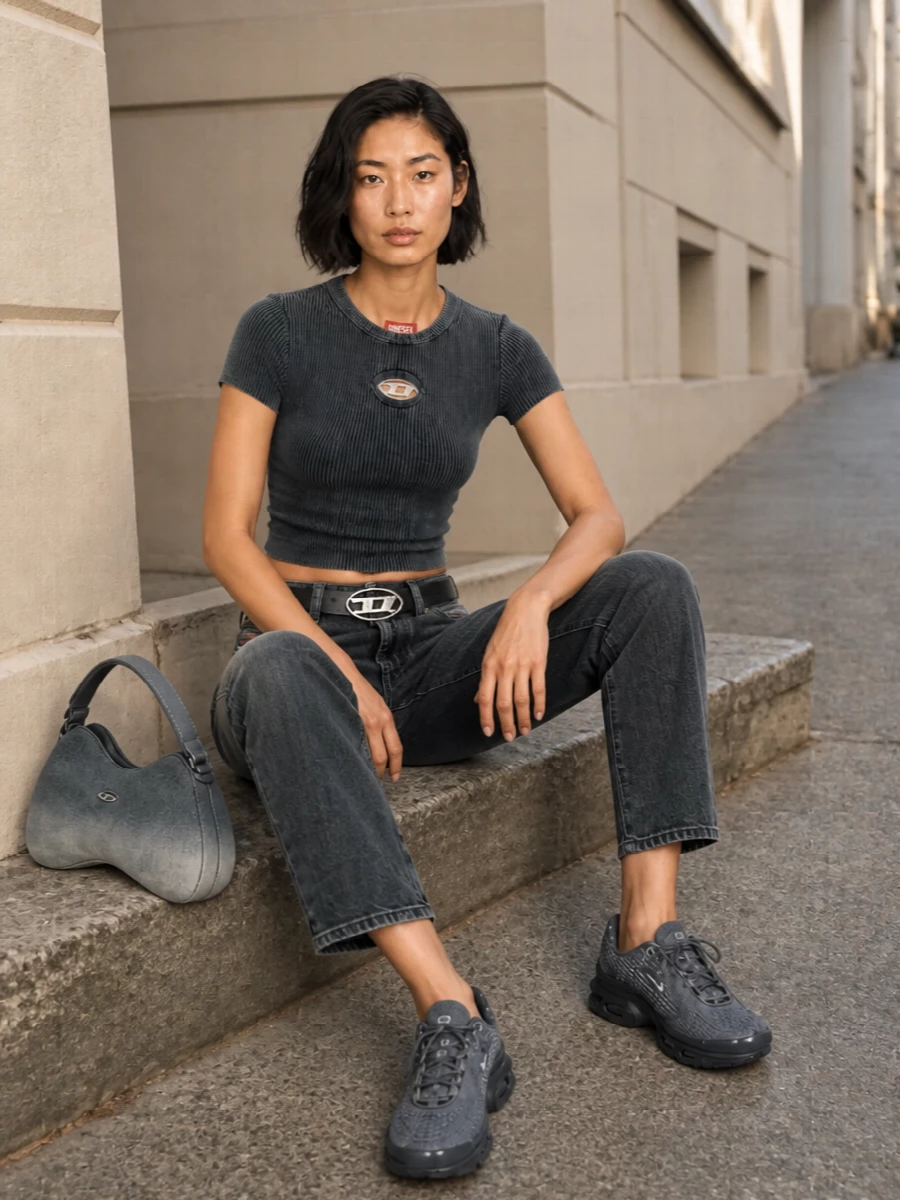 Diesel grey jeans navy crop top nike sneakers