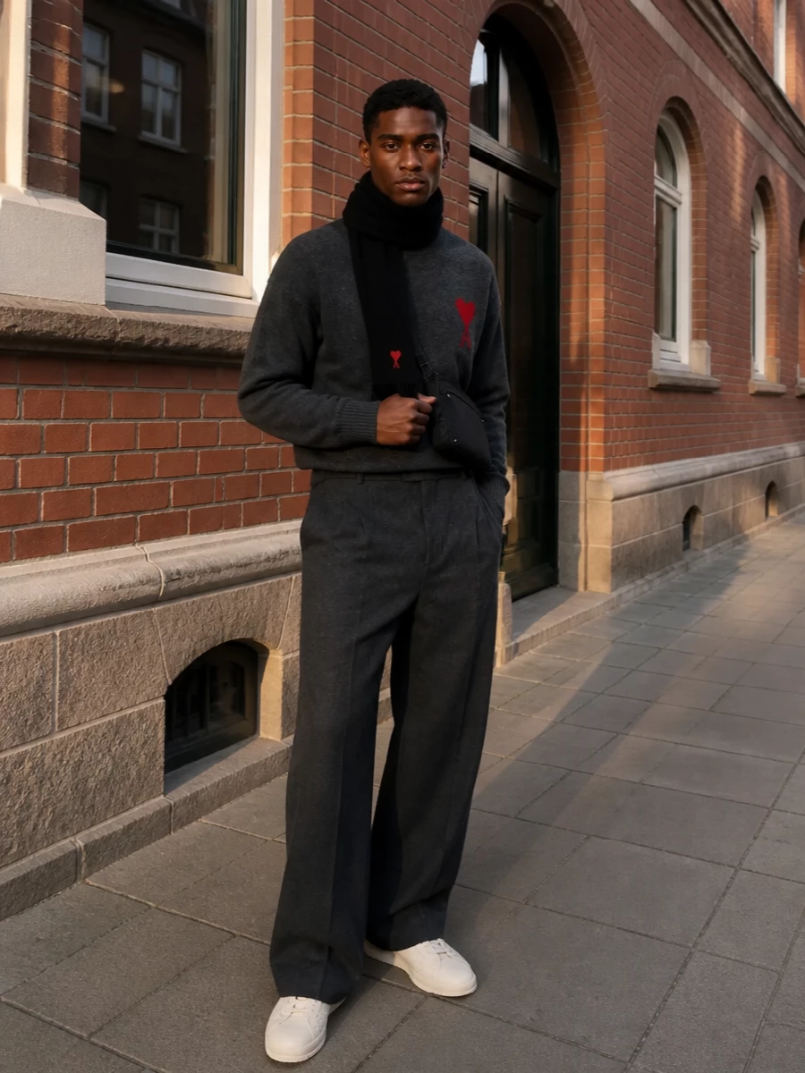 Ami grey sweater wide leg trousers outfit