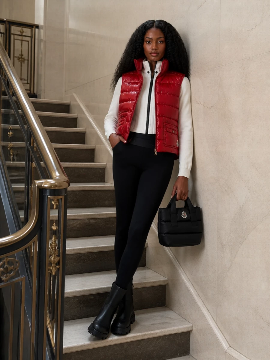 Moncler red gilet ski leggings boots