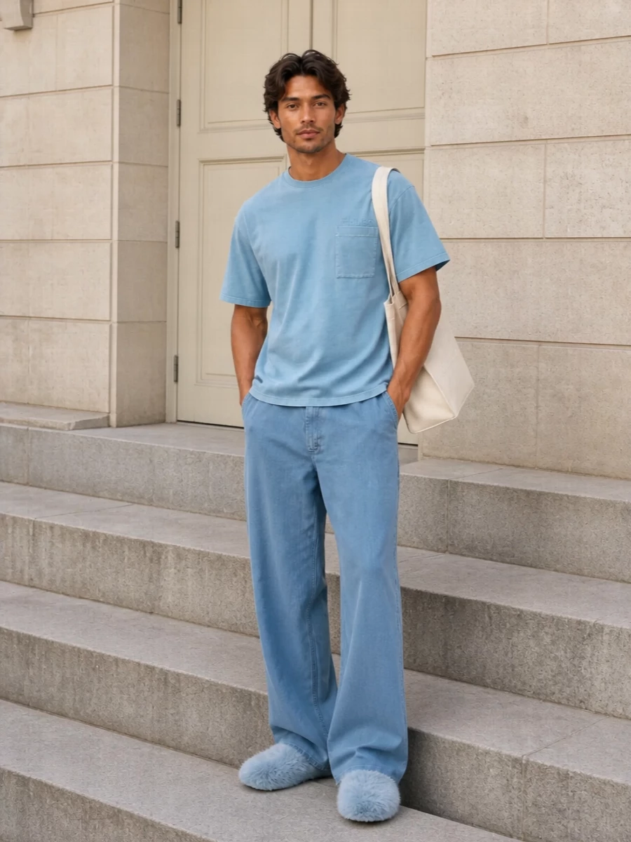 A cool gradient of blues keeps this outfit calm while the textures stay quietly playful, from the faux-fur mules to the washed wide leg. The soft tee and fluid trousers read relaxed but intentional, ideal for days that run from studio to late café. The structured off-white tote introduces just enough precision to underline the fashion-conscious attitude without crowding the color story.