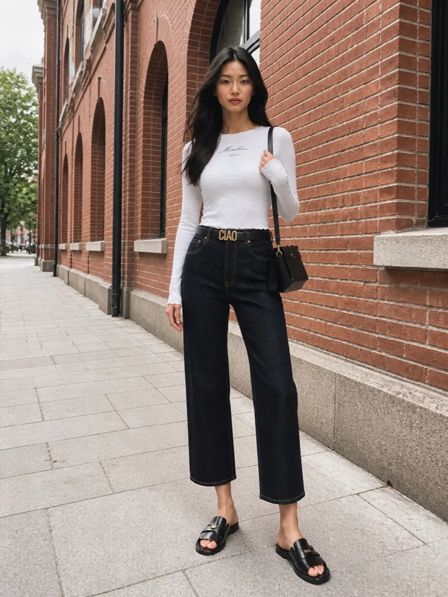 A crisp white logo tee meets dark, cropped straight denim for a modern, pared-back Moschino uniform. Glossy loafer slides, a structured black top-handle and a slim logo belt sharpen the silhouette, keeping the vibe quietly graphic and city ready. It is an easy formula for days when you want casual pieces to read considered rather than basic.