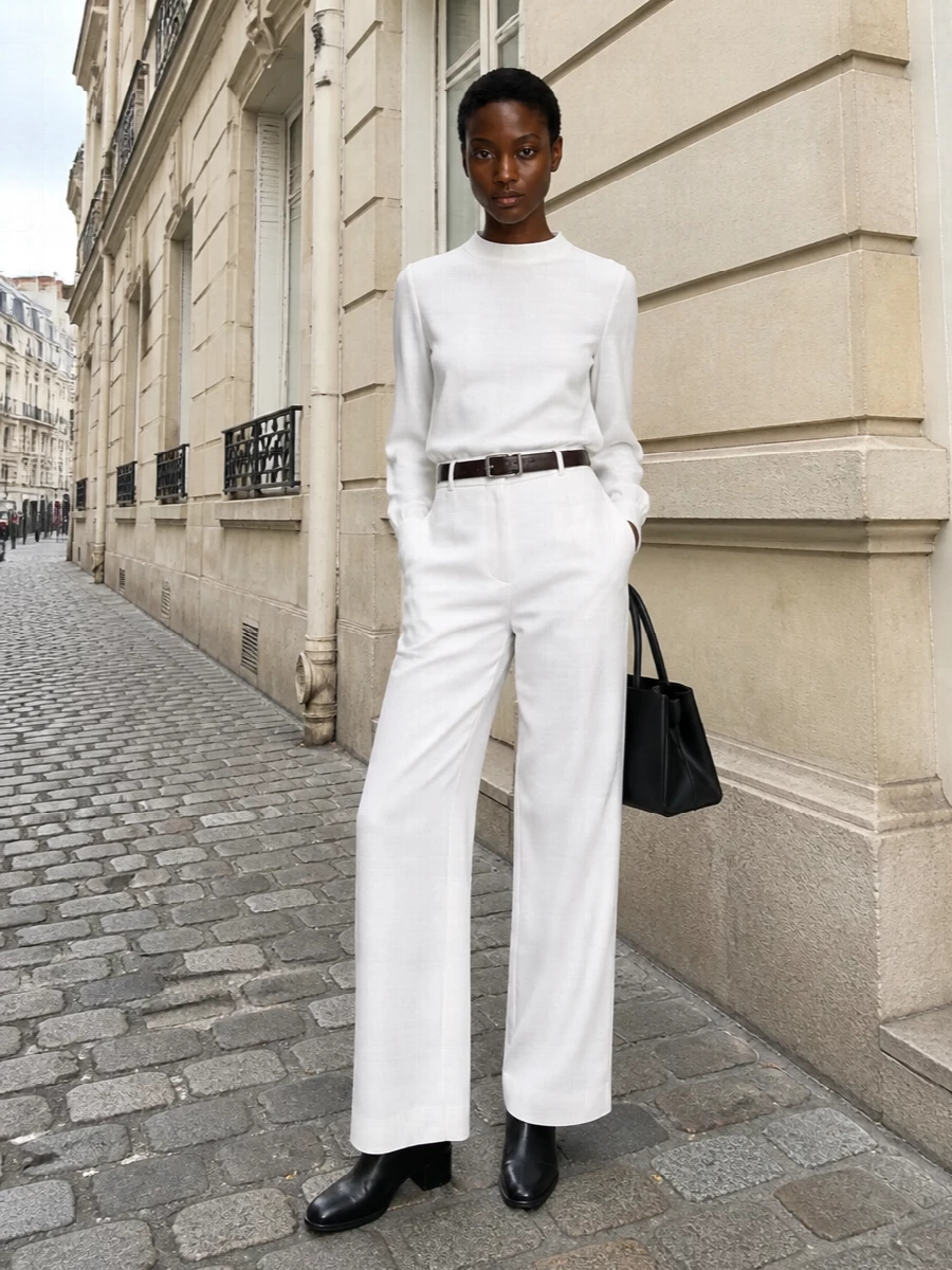 Armani white wide leg trousers prada bag