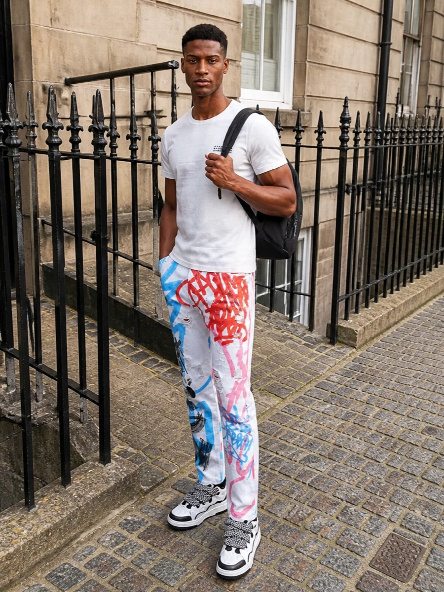 Graphic Dolce & Gabbana denim stays front and center, anchored by a crisp Mm6 white tee that lets the color and artwork breathe. Chunky Lanvin sneakers echo the jeans’ black and white hits, giving the silhouette real street energy. A sharp Burberry backpack finishes it with a clean, city-ready note that still feels unapologetically bold.