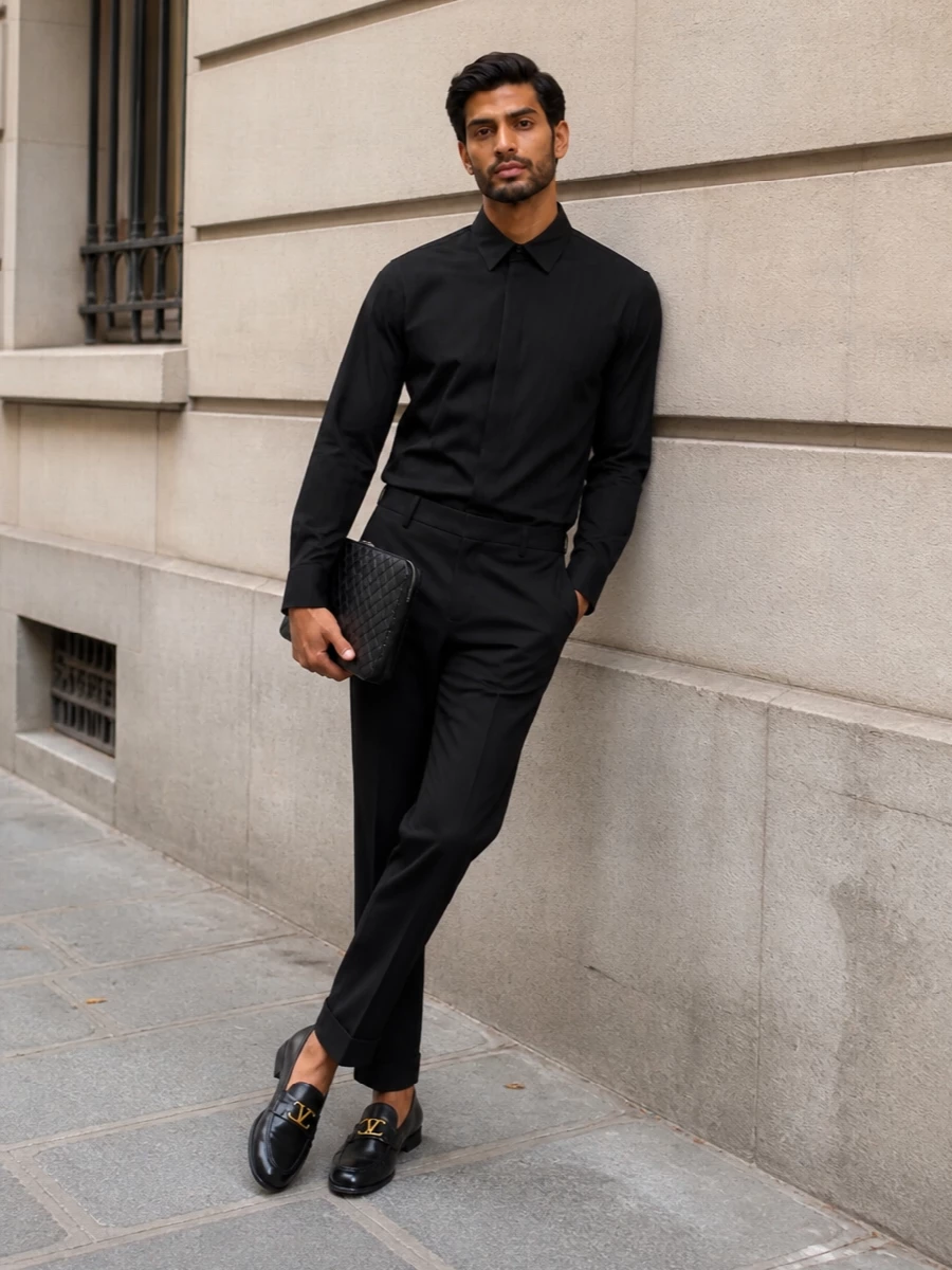 Valentino black loafers tailored evening outfit