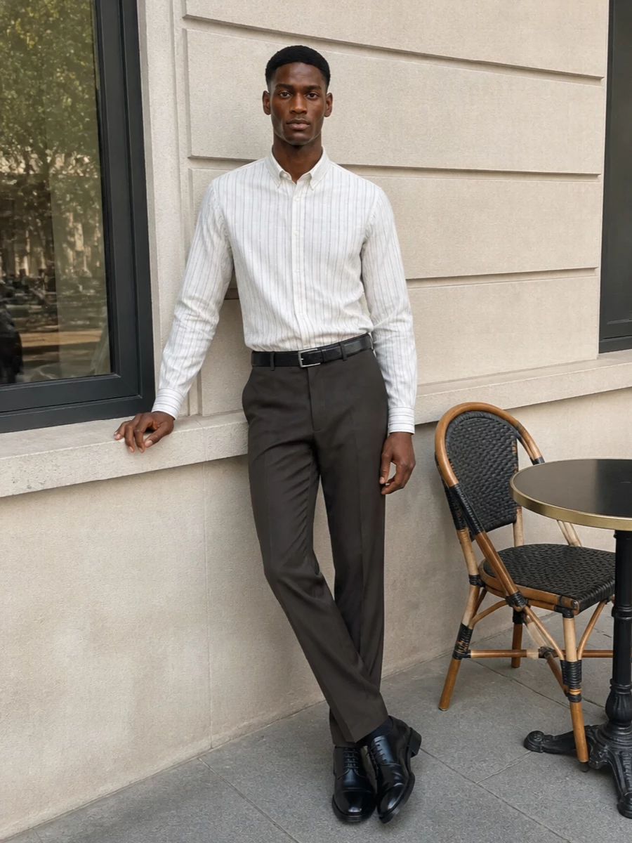 Saint laurent striped shirt taupe trouser outfit