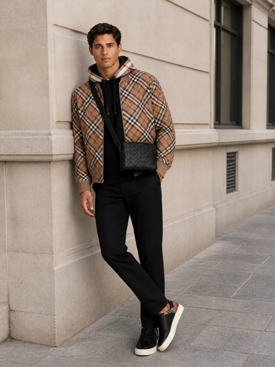 Burberry check bomber street style outfit